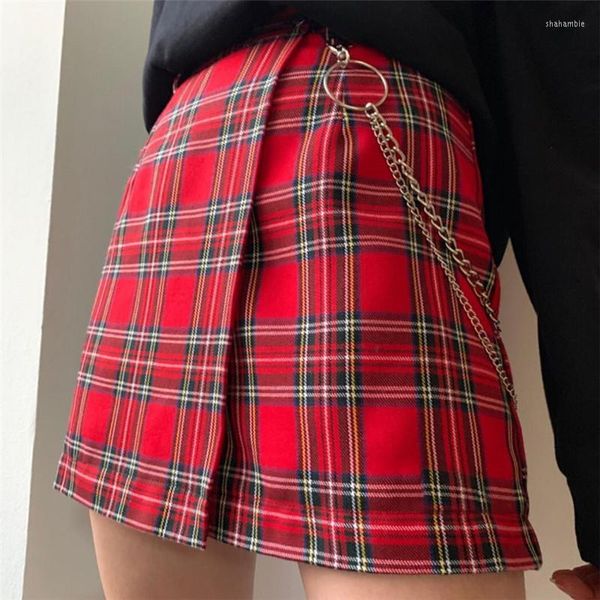 Юбки винтажная красная клетчатая юбка для карандашей женщин лето сексуально хараджуку короткая 2022 модная панк мини -юп