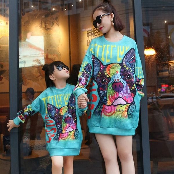 Passende Familien-Outfits, Mutter-Tochter-Kleid, lange Sweatshirts, Damen, Mädchen, langärmlig, bedrucktes Sweatshirt-Kleid, lässige, passende Familien-Kleidung für Mama und mich, 220913