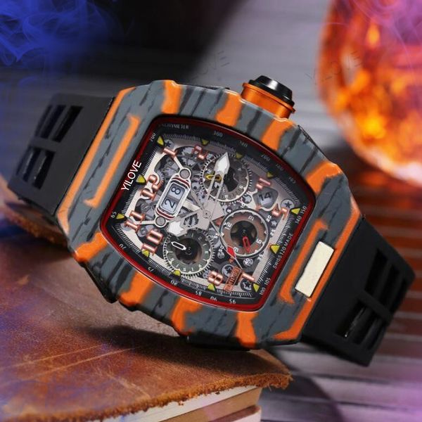 Luxuriöse Herren-Markenuhr mit sechs Zeigern, Quarz-Chronograph, voll funktionsfähig, laufende Sekunde, Sport-Komfort-Gummiband-Uhr, cooler Trend, Reloj-Membrane-Armbanduhr