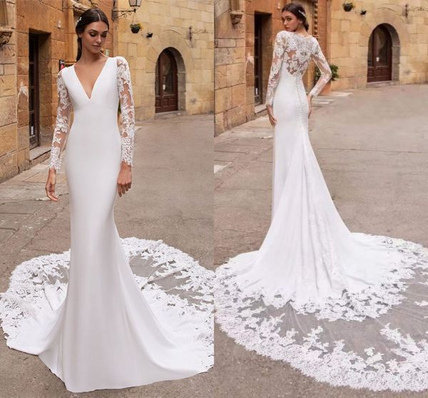 Serey Deep Deep Vermaid Wedden Dress Garden Sheer Sweep Train Train Longo Ilus￣o Lace Setin Satin Beach vestido de noiva