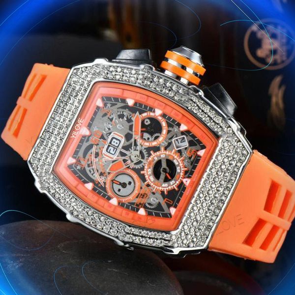 43 mm famoso orologio da uomo con tutti i quadranti, design classico, anello in cristallo con diamanti, orologio hip hop, elastico, calendario multifunzione, movimento al quarzo, orologio da polso