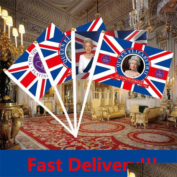 Bandeiras de banner Rainha Elizabeth II Bandeira da bandeira de m￣o entronizada British 14x21cm Drop Deliver