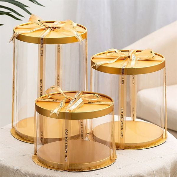 Geschenkpapier, 5 Stück, 16/22 cm, runde transparente Kuchenschachteln, Gold, Weiß, klares zylindrisches Muster, Geschenkbox, Rose, Bär, Verpackung, Dessert, Backen, Dekor 220913