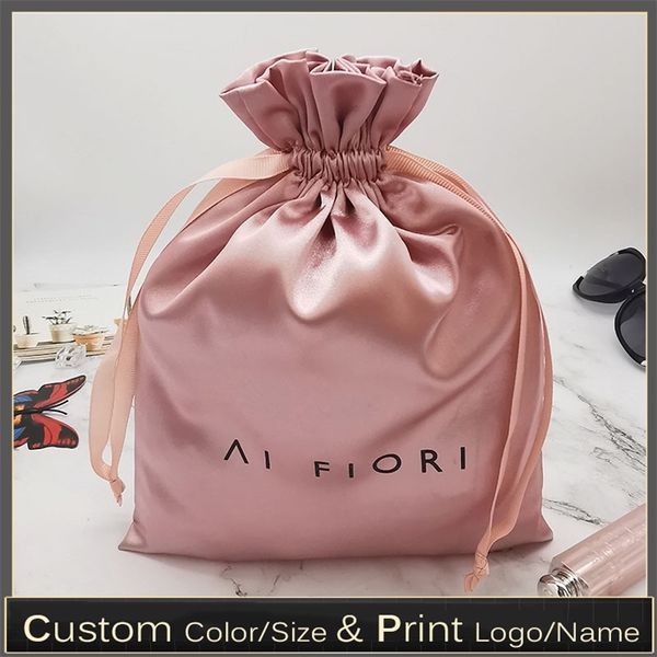 Confezione regalo Borsa con coulisse in raso personalizzata Estensioni dei capelli Custodia cosmetica per bellezza Scarpe Borsa per imballaggio in seta per trucco Bustina antipolvere 50 pezzi 220913