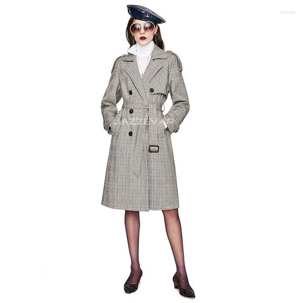 Trench da donna Cappotto lungo primaverile Cascata Runway Donna 2022 Plus Size Doppio petto Giacca a vento da donna femminile Plaid grigio