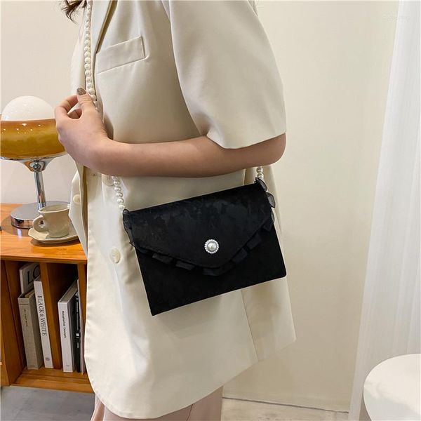 Borse da sera Catena di perle Pizzo nero Donna Festa di banchetto Piccola borsa quadrata 2022 Estate Squisita moda Designer di lusso Spalla a tracolla