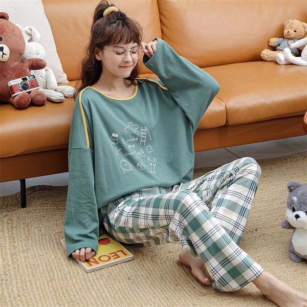 Apresenta de sono feminino Autumn Winter Sleepwear Women Feminino 100% algodão Conjunto de pijama casual Pijama traje de calça xadrez de desenho animado Pijamas pijama 220913