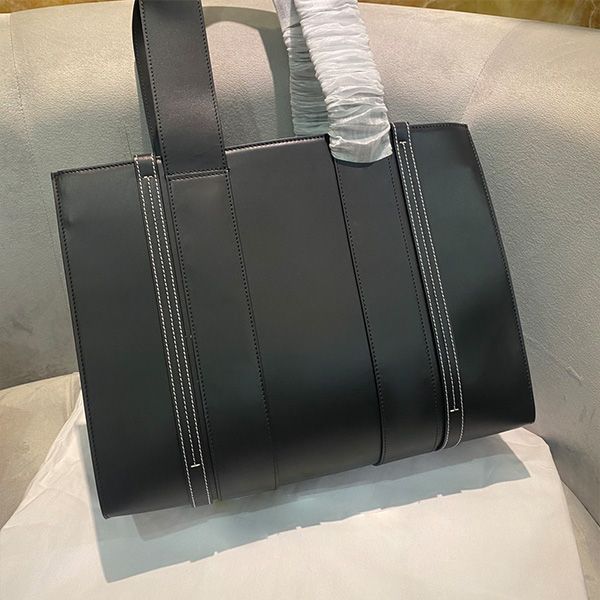 Calf leather tote bag large capacity shopping bags Vertical stripes brown black women's handbags Commuter Letter embroidery fashion shoulder bag 37cm