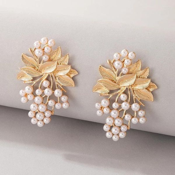 Brincos de garanhão elegante flores grandes flores folhas para mulheres Luxury Pearl Stone Stone Metal Gold Breating Jewelry 20535