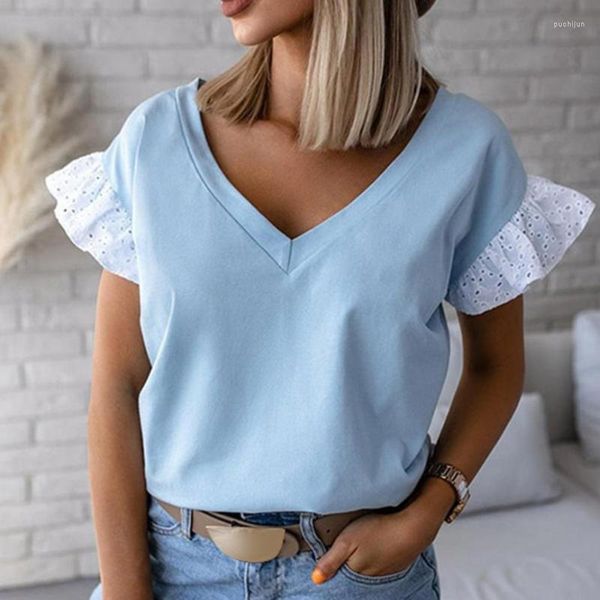 Magliette da donna Summer Top Office Lady Tee Shirt Femme Short Ruffle Sleeve Casual Donna OL Ruffles Loose Ladies Tshirt Dames Streetwear