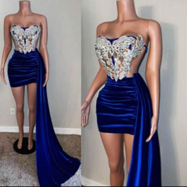 Vestidos de festa moda em sexy royal azul menina mini/vestido formal de veludo curto/vestidos de baile de casamento de noiva