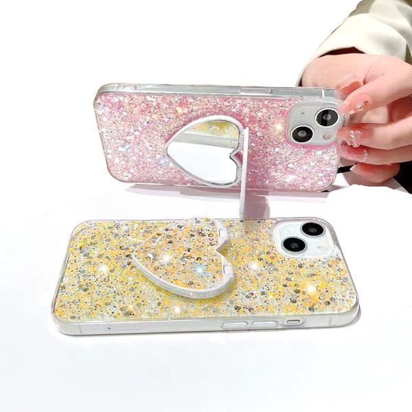 Casos de telefone glitter com suporte dobr￡vel de espelho para iPhone 14 Pro Max 13 12 11 XS XR 8 7 Plus Luxury Ladies Cover Anti Drop