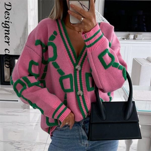 Женские свитера Женские кардиган кардиган зеленый полосатый розовый вязаный кнопку Леди Кардиганы VNECK Свободное повседневное зимнее модное вязаное пальто 220913