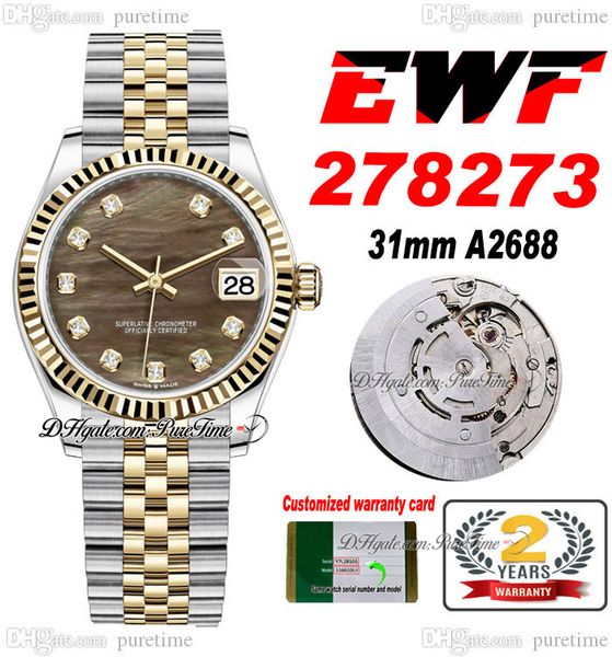 EWF 31mm 278273 ETA A2688 Orologio automatico da donna Two Tone Yellow Gold Black MOP Diamond Dial JubileeBracciale in acciaio Super Edition Womens Same Series Card Puretime F6