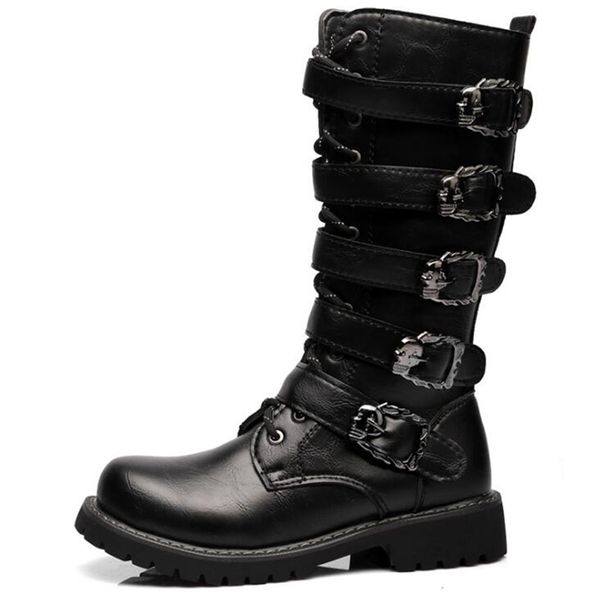 Stiefel Armee Männer Hohe Militärische Kampf Metall Schnalle Punk Mittlere Wade Männliche Motorrad Lace Up Herren Schuhe Rock 220913