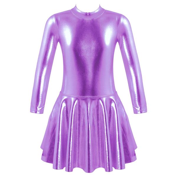 Trajes femininos de gato de gato garotas figuras espumantes vestido de dan￧a de gelo para performance de palco brilhante Met￡lico de luva longa decote redondo ids de bal￩ fantasia