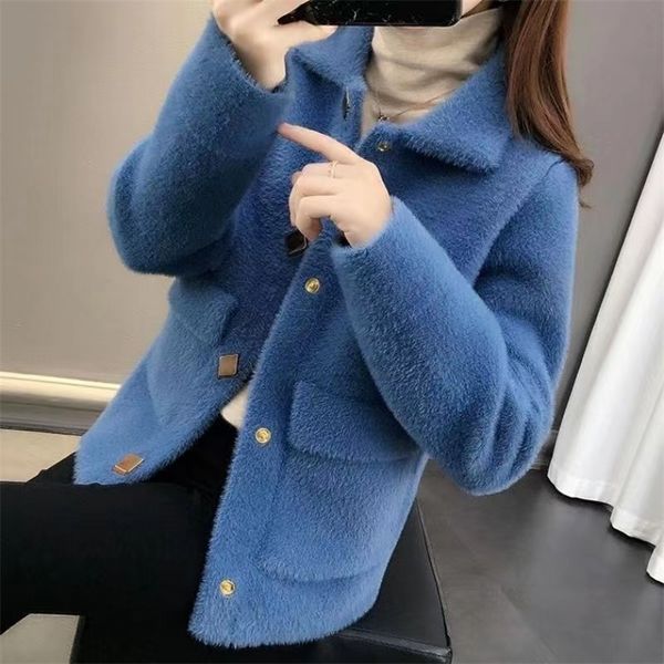 Frauen Pelz Faux Mantel Winter Koreanische Version Nachahmung Nerz Samt Anzug Kragen Langarm Tasche Lose Fee Strickjacke Jacke 220913