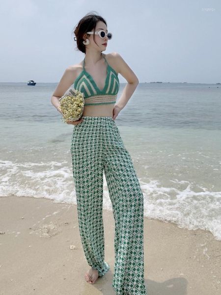 Женские брюки женский каприс 2022 каникулы зеленая сетка Широкая нога Шифоновый пляж вязание брюки.