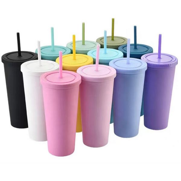 22OZ Tumbler Mat renkli akrilik bardak kapak ve pipetler çift duvar plastik rezuar fincan 913