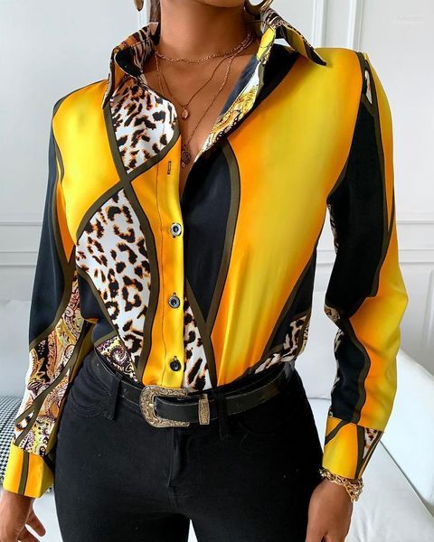 Женские блузки женские рубашки 2022 Женщины повседневная осень-шаровая воротник шифоновый блузка леопардовый принцип