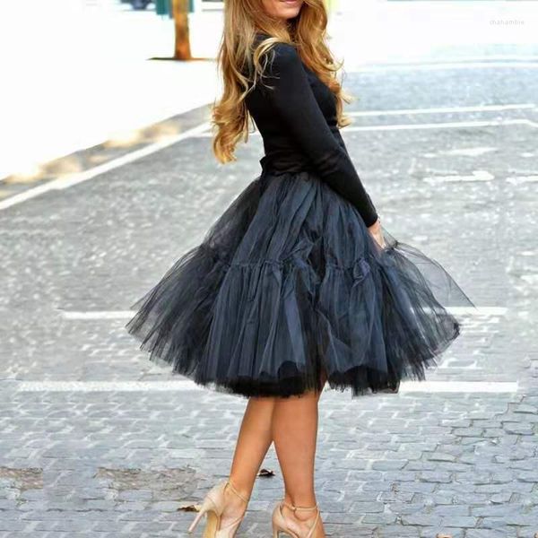 Юбки черная юбка юбка Туту Тул 5 слоев 60 см моды MIDI Плиссированная женская подружка невесты.
