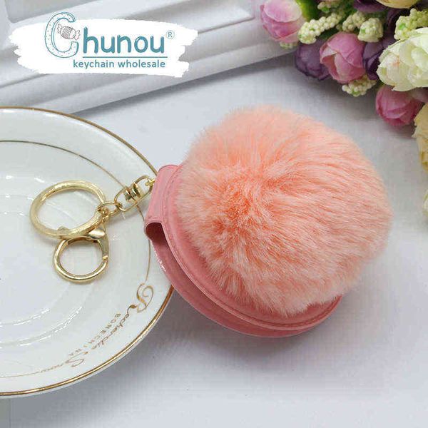 Keychains 25 Color Rex Rabbit Pompom Keychain Bola de cabelo portátil maquiagem dobrável espelho duplo lateral