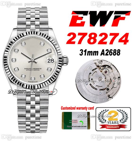 EWF 31mm 278274 ETA A2688 Orologio automatico da donna Lunetta scanalata Quadrante MOP Diamanti Marcatori JubileeBracciale in acciaio Super Edition Womens Same Series Card Puretime C3