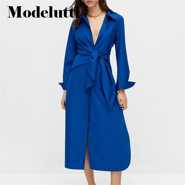 Casual Kleider Modelutti Frühling Langarm Seite Knoten Design Popeline Frauen Einfarbig Elegante Einfache Weibliche Robe 220913