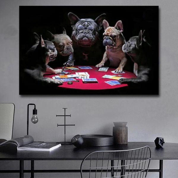 Leinwand Gemälde Animal Bulldog Hunde spielen Karten Plakate und Drucke Wandbilder für Wohnzimmer Home Wanddekoration Cuadros kein Rahmen