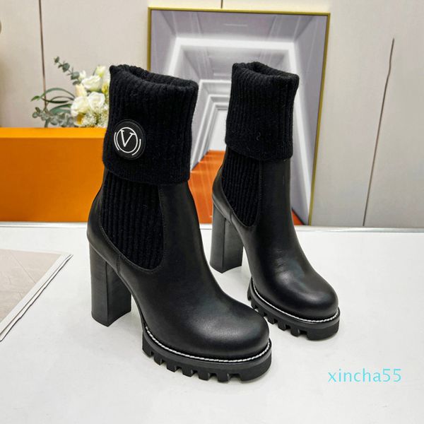 Schwarze Leder-Stiefelette für Damen, Plateausocken, Stiefel mit Kragen und Seiteneinsätzen aus Wolle, modische Sock-Boot-Stiefel mit profilierter Gummisohle