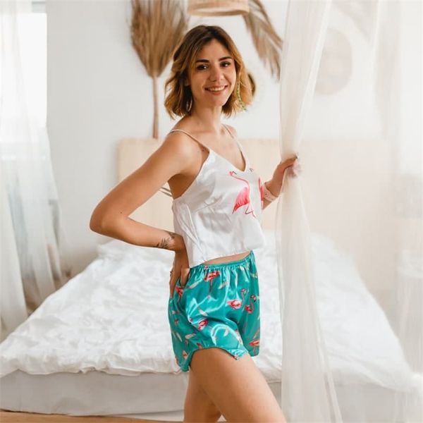 Frauen Nachtwäsche Tier Cartoon Print Schöne Nachtwäsche Home Anzug Sommer gegen Nacken sexy Pyjamas Frauen Spaghetti -Gurt Lose Satin weibliche Pyjama Sets 220913