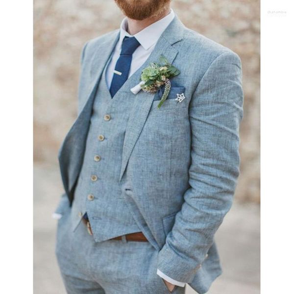 Herrenanzüge Neueste Mantel-Hose-Designs Hellblaues Leinen Hochzeit für Männer Casual Beach Terno Slim Fit Bräutigam Maßgeschneiderter 3-teiliger Herrenanzug