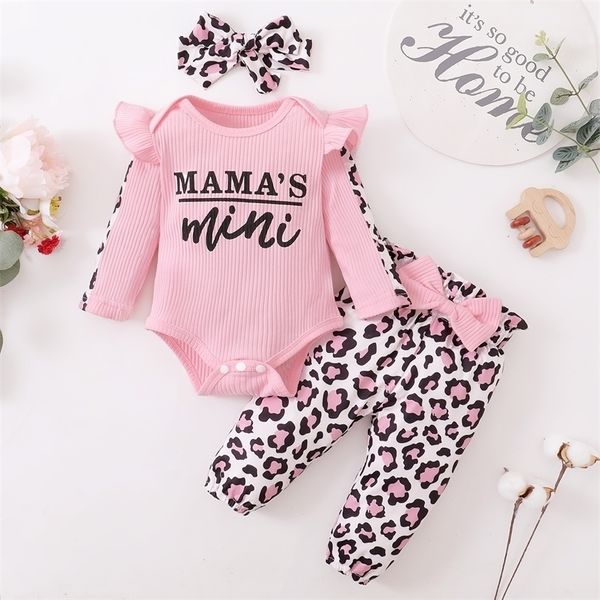 Strampler 3 Stücke geborene Kleidung Baby Mädchen Kleidung Sets Säuglingsoutfit Rüschen Strampler Top Bogen Leopard Hosen Geborene Kleinkindkleidung 220913