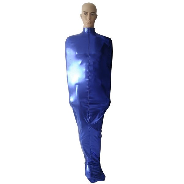 Unisex Mummia Catsuit Costumi Sacchi per il corpo Sacco a pelo blu metallizzato lucido Abito cosplay sexy di Halloween senza maniche interne