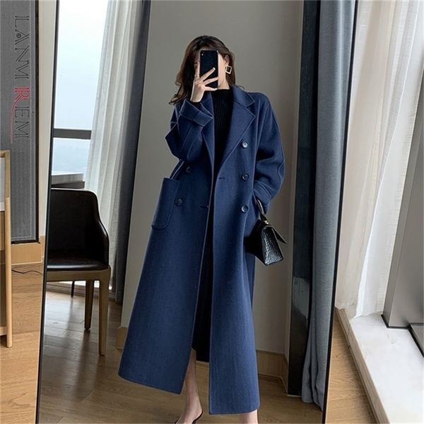 Misto lana da donna LANMREM Autunno Inverno Donna Cappotto di lana Caldo lungo doppio petto Cappotti blu navy Capispalla elegante femminile 2C533 220912