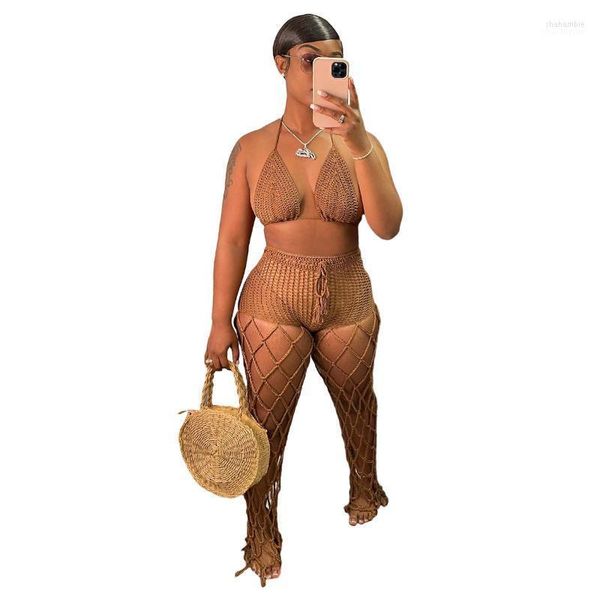 Женские брюки с двумя частями женская сексуальная женщина вязаные кусочки наборы без спинки Bra Top Net Crochet 2 сета Hollow Out Beach Cover