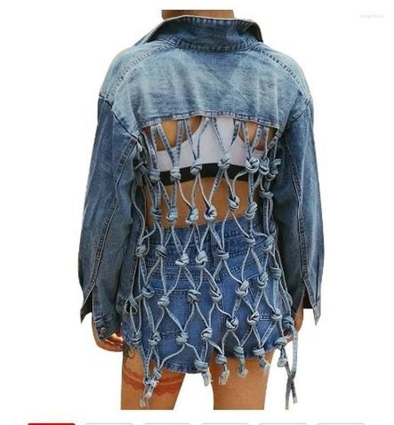 Jackets femininos High Street Tassel Jeans Jeans Jeans Women Backless Hollow Out Feminino Kpop Bandage Streetwear Denim casual desgastado