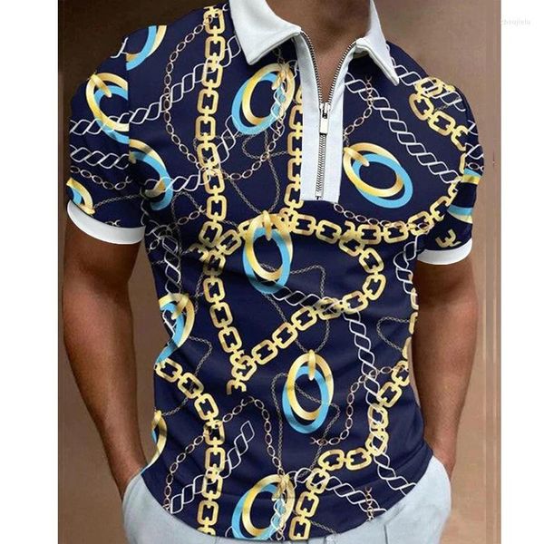 Herren Polos Mode Herren Kleidung Hemden Casual Umlegekragen Reißverschluss Goldkette Print Kurzarm T-Shirt Männer Patchwork Tops