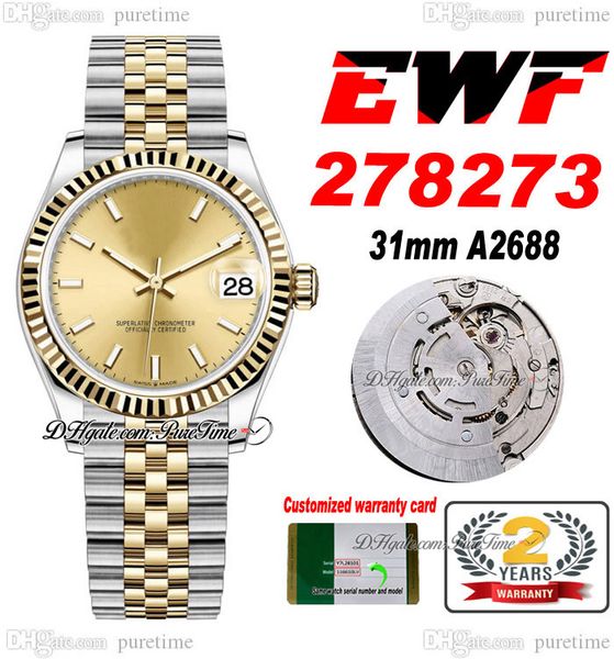 EWF 31mm 278273 ETA A2688 Ladies automáticas assistem dois tons Amarelo Gold Gold Champagne Stick Dial Dial