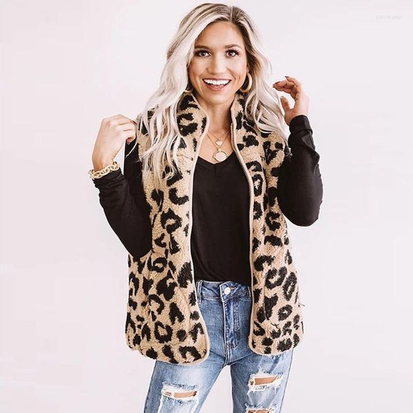 Gilet da donna Fashion Women 2022 Leopard Print Zipper Vest Fluffy Jacket Teddy Coat Autunno Inverno Abbigliamento Plus Size Soprabito da donna
