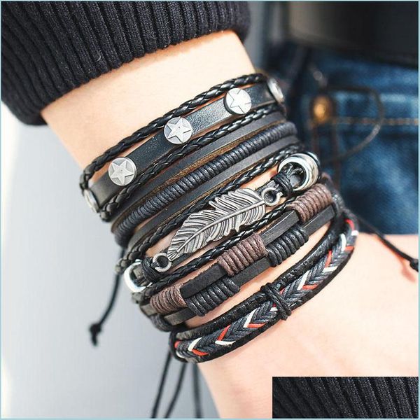 Braccialetti con ciondoli Moda Foglia Piuma Mtilayer Bracciale in pelle da uomo Vintage intrecciato a mano Star Rope Wrap Bracciali B Dhjxg