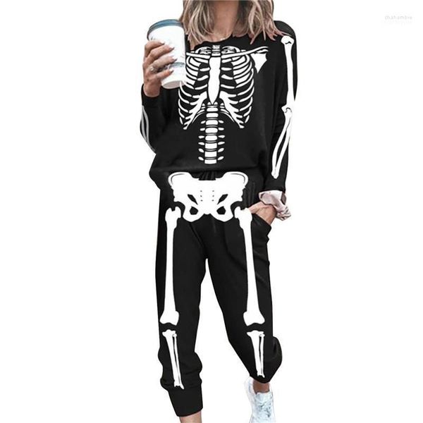 Damen Zweiteilige Hose Damen Hirigin Schwarzer Pullover mit Skelett-Druckmuster und mit Taschen Weihnachts-Trainingsanzug Halloween-Kostüme
