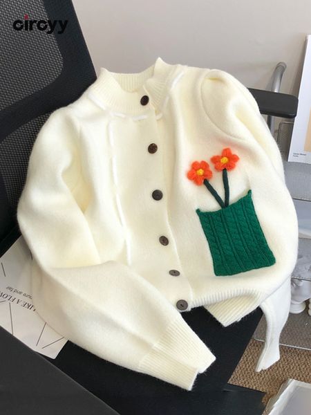 Kadınların Sweaters Circyy Hardigan Kadın Kazak Patchwork Cepleri Şık Çiçek Sonbahar Kore Moda Giysileri Sıradan Yarım Yüksek Yaka 220913
