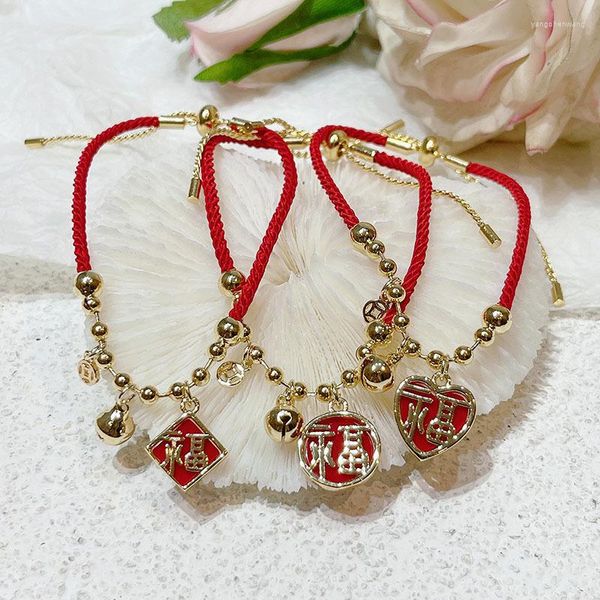 Braccialetti con ciondoli Quadrato/Rotondo/Cuore/Carattere cinese Campane portafortuna Ciondolo Corda rossa Catena Donna Anno Gioelleria raffinata e alla moda YBR605