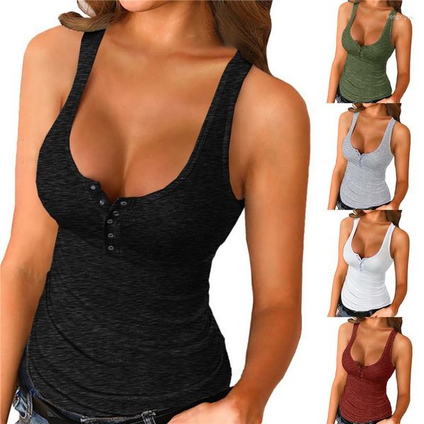 Camisetas femininas Mulheres de verão Vesto Slim Fit Fit Low Cut Sleee Tee Solid Sexy Strap Casual Button-up Tanks Tops