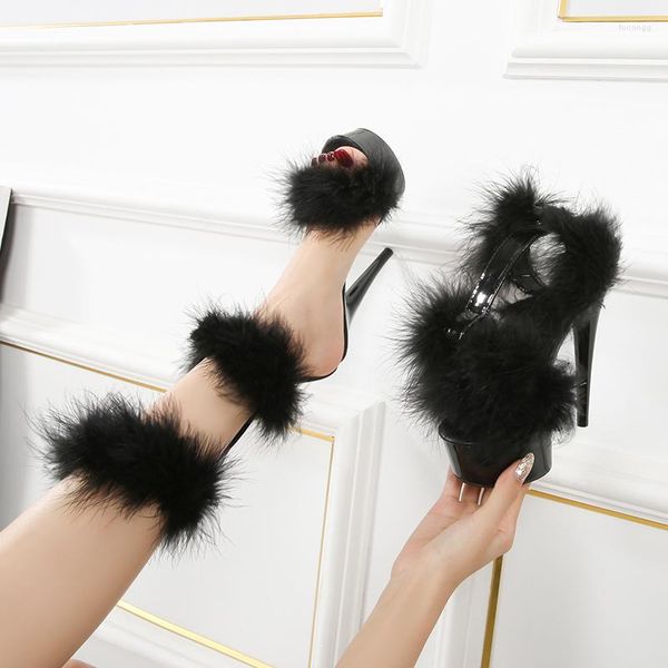 Sandals Furry Women's Shoes 17 cm Super High Heels Modelo Sexy Party Club Strippers Show 20cm Plataform Pólo dancing feminino