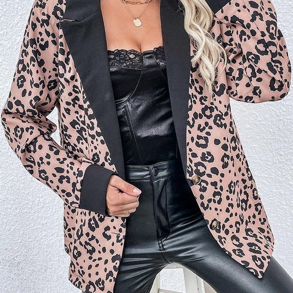 Jackets femininos 2022 Feminino 2022 Produtos de outono europeu e americano em estoque de leopardo terno de impressão Slim Fit Long Sleeve Cardigan Circh