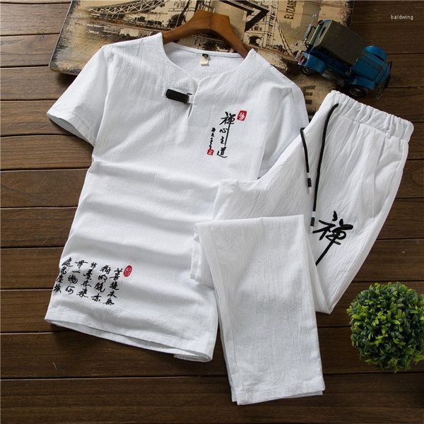 Roupas étnicas Retro estilo chinês Tang Suit Men Zen Camisetas calças uniformes camiseta de moda medieval Viking Camiseta casual