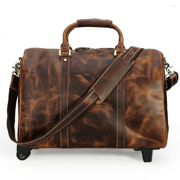 Duffel Bags Timizando luxo italiano de couro artesanal Duffle on Wheels Men Men vintage de grande capacidade Rolando bagagem de bagagem marrom escuro