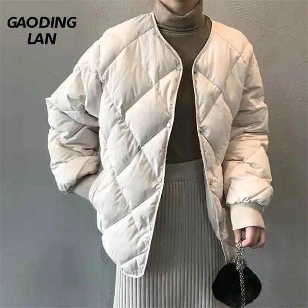 Womens Down Parka GAODINGLAN Winter Diamond Check Manica lunga Donna Parka Large Size Giacca monopetto in cotone imbottito Tinta unita Cappotto caldo 220914